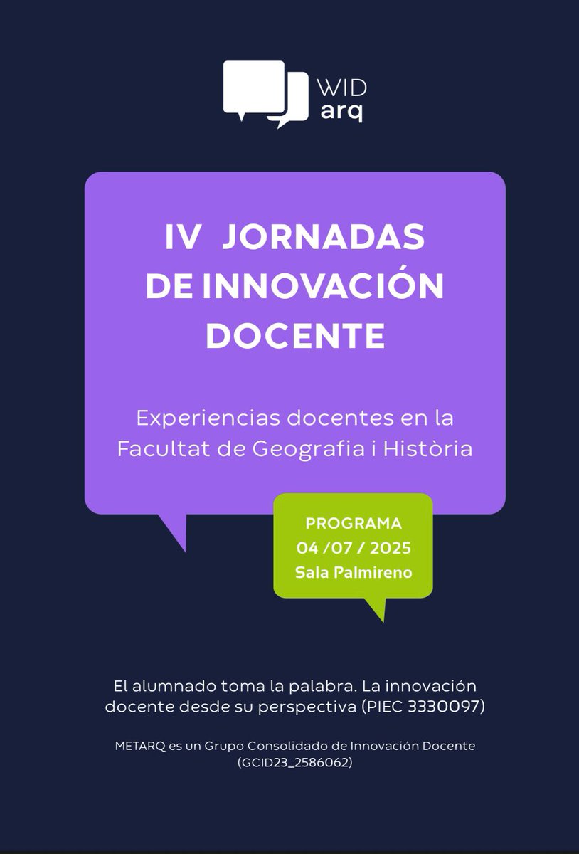 📢 Ja està disponible el programa del #IVWIDarq!
🗓 4/7/25 (divendres)
📍 @facultatdegeografiaihistoria (F.3.2)

🎯 Jornada 100% presencial!
👩‍🏫 Ponències del professorat i sessió especial amb estudiants.
🔗 +info: uv.es/prearq1/2025/W…
#innovaciodocent #metarq_uv #sfpie