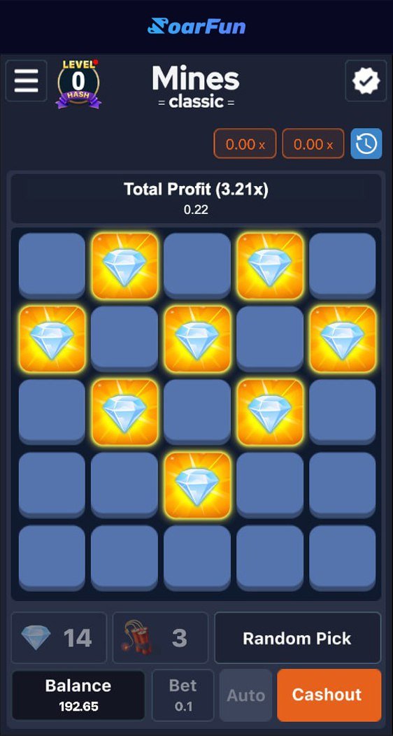 Mines Classic is NOW LIVE on #SoarFun! 

Ready to test your instincts, luck, and strategy?
 The classic game you know and love just leveled up  with real rewards on the line.

💣 Pick safe tiles.
💥 Avoid the bombs.
💰 Climb your way to a massive Jackpot.
Every tile is a chance.