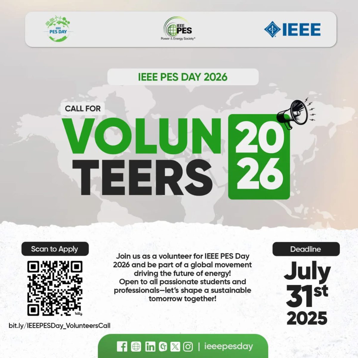 🚨IEEE PES Day 2026 CALL FOR VOLUNTEERS

Deadline: July 31st, 2025

📩 Scan the QR code or apply now: bit.ly/IEEEPESDay_Vol…

#IEEEPES #IEEEPESDay2026 #IEEE #EarthDayCelebrations #PESVolunteers #CallForVolunteers #JoinTheMovement #PowerTheFuture #GlobalImpact #SustainableEnergy