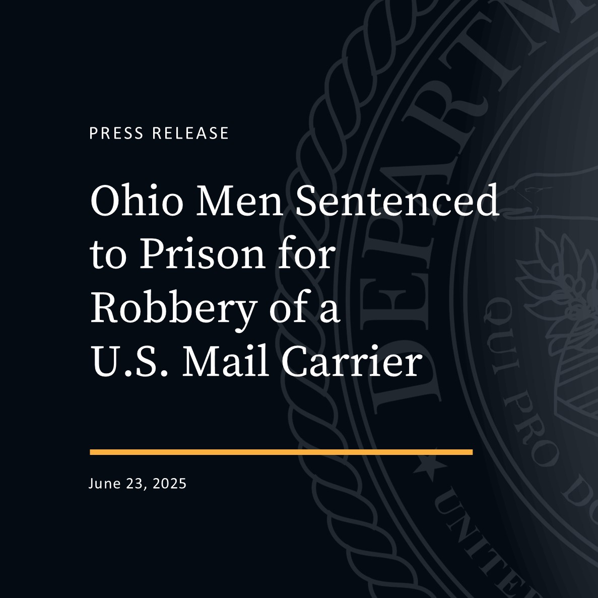 NDOHnews's tweet image. Three Ohio men admitted to robbing a postal worker who was on a routine delivery route.
Read more: justice.gov/usao-ndoh/pr/o…
@USPIS_HQ