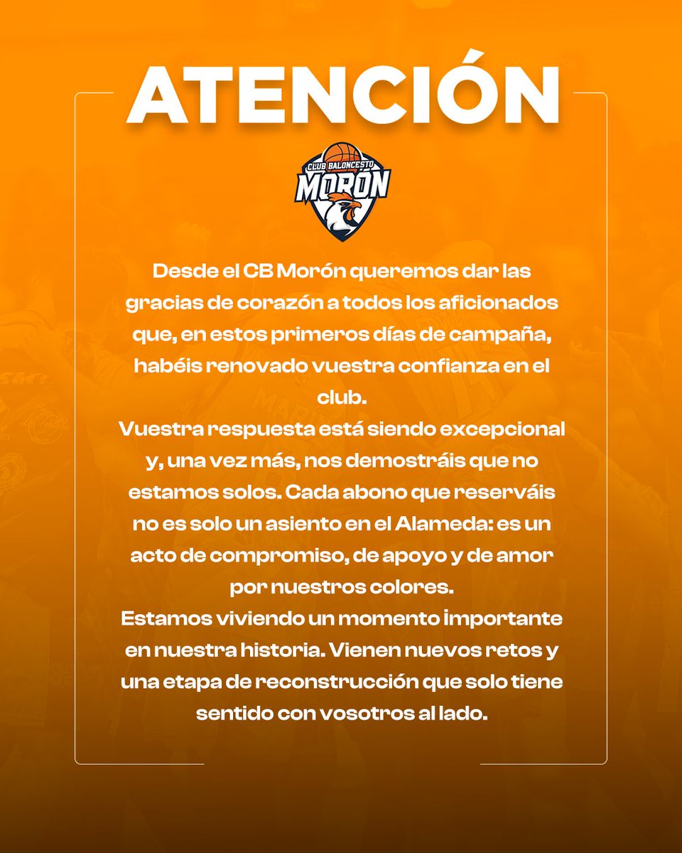 🧡 Gracias por seguir creyendo
Cada abono es una muestra de confianza.
La afición del CB Morón nunca falla.
¡Nos vemos en el Alameda!
