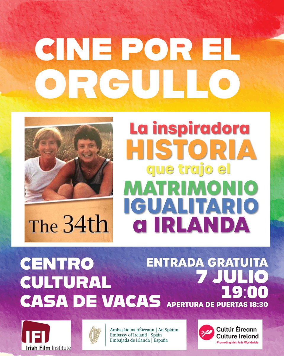 🏳️‍🌈 🇮🇪 Únete a la Embajada de Irlanda para celebrar el orgullo en Madrid con la proyección del documental The 34th sobre el matrimonio igualitario.

🗓️ 7 de julio a las 19:00; apertura de puertas 18:30

📍 Centro Cultural Casa de Vacas (Retiro)

🎟️Entradas: shorturl.at/mbwYc