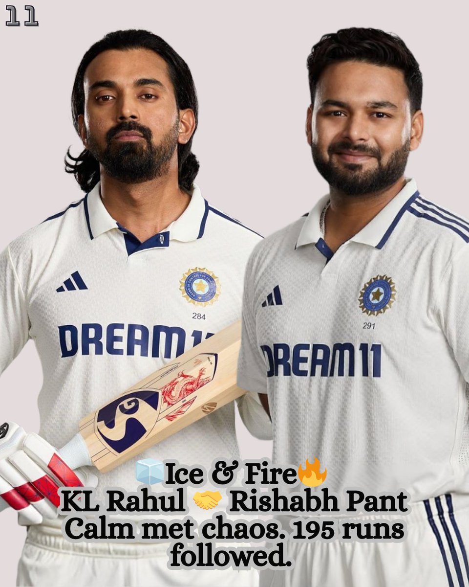 11_crick's tweet image. Ice &amp;amp; Fire 🧊🔥 – KL Rahul and Rishabh Pant stitched a 195-run epic. One blocked, one blasted. A masterclass in balance.
#KLxPant #IceAndFire #PantBall #KLRahul  
#RishabhPant #TeamIndia #INDvENG