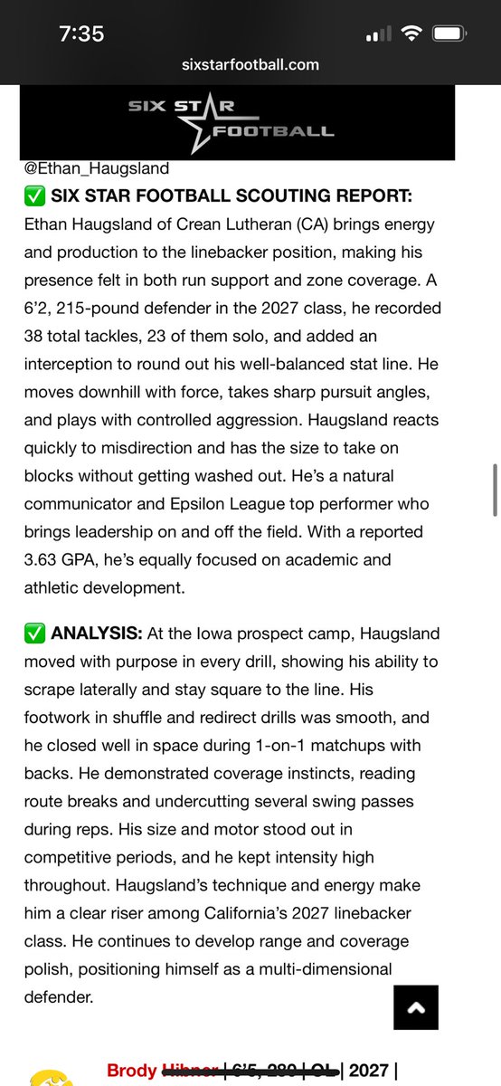 Ethan Haugsland (@ethan_haugsland) on Twitter photo Thank you <a href="/sixstarfootball/">Six Star Football | PLUS+</a> for the scouting report!
Great feedback from the Iowa Prospect Camp and excited to keep grinding.
Thank you for recognizing my growth as a linebacker and leader on and off the field! <a href="/CreanFootball/">Crean Lutheran Football</a> <a href="/Jake_wfey/">Coach Fey</a> <a href="/coachcurtis7/">Rick Curtis</a> <a href="/WillBlackmon/">Will Blackmon</a> <a href="/PrototypePlaye2/">PTPT training/Def. Consul LBCC/LB -Edge Mater Dei</a> Thank you <a href="/sixstarfootball/">Six Star Football | PLUS+</a> for the scouting report!
Great feedback from the Iowa Prospect Camp and excited to keep grinding.
Thank you for recognizing my growth as a linebacker and leader on and off the field! <a href="/CreanFootball/">Crean Lutheran Football</a> <a href="/Jake_wfey/">Coach Fey</a> <a href="/coachcurtis7/">Rick Curtis</a> <a href="/WillBlackmon/">Will Blackmon</a> <a href="/PrototypePlaye2/">PTPT training/Def. Consul LBCC/LB -Edge Mater Dei</a>