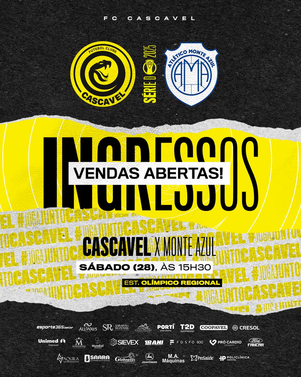 fc_cascavel's tweet photo. endas Abertas! 🟡⚫

Neste sábado (28), às 15h30, a Serpente enfrenta o Monte Azul no Estádio Olímpico Regional, pela 10ª rodada da Série D 2025.

🎟️ Adquira seu ingresso nas lojas oficiais do FC Cascavel ou online pelo site https://t.co/ahq52OQjfJ

#JogaJuntoCascavel #FCCascavel https://t.co/hJuL8lAYOe