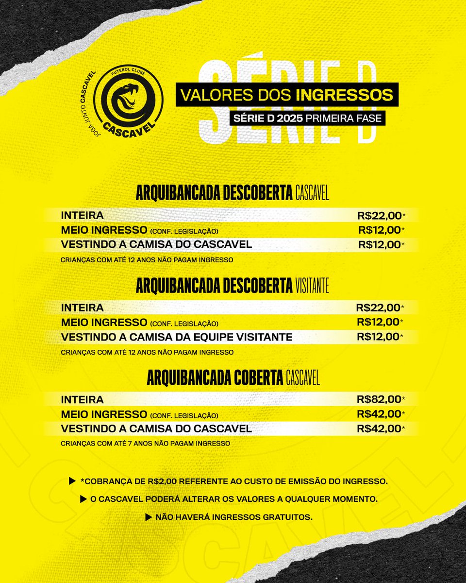 fc_cascavel's tweet photo. endas Abertas! 🟡⚫

Neste sábado (28), às 15h30, a Serpente enfrenta o Monte Azul no Estádio Olímpico Regional, pela 10ª rodada da Série D 2025.

🎟️ Adquira seu ingresso nas lojas oficiais do FC Cascavel ou online pelo site https://t.co/ahq52OQjfJ

#JogaJuntoCascavel #FCCascavel https://t.co/hJuL8lAYOe