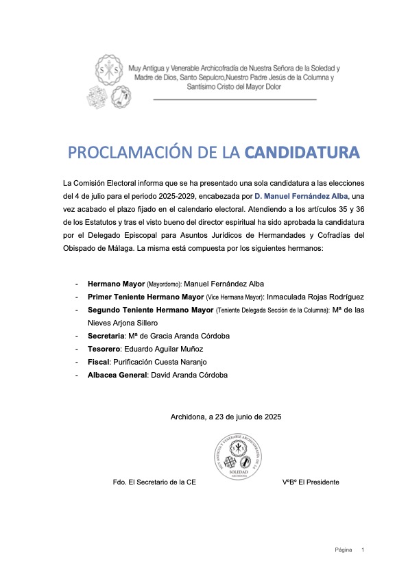 Soledad_archi's tweet photo. Aprovada por la Delegación la candidatura a Hermano Mayor presentada por D. Manuel Fernandez Alba. Se convoca Cabildo Gral. de Elecciones el próximo 4 de julio en horario de 19:30 a 21:30 h en nuestra casa hdad. #Archidona https://t.co/FiQ5mR0INt