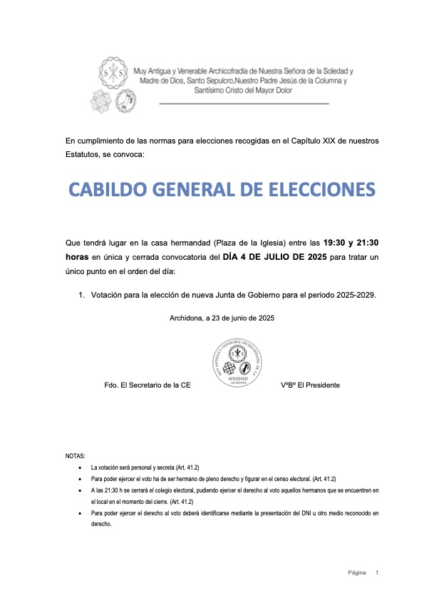 Aprovada por la Delegación la candidatura a Hermano Mayor presentada por D. Manuel Fernandez Alba. Se convoca Cabildo Gral. de Elecciones el próximo 4 de julio en horario de 19:30 a 21:30 h en nuestra casa hdad. #Archidona