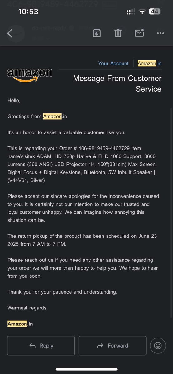 vcscomputer00's tweet image. Hey @amazonIN, this is the 4th time your team failed to pick up the defective product. I’m done waiting. Either process my refund immediately or I’m filing a complaint with the Consumer Forum. Enough is enough! Order ID: 406-9819459-4462729. #AmazonIndia #CustomerServiceFail