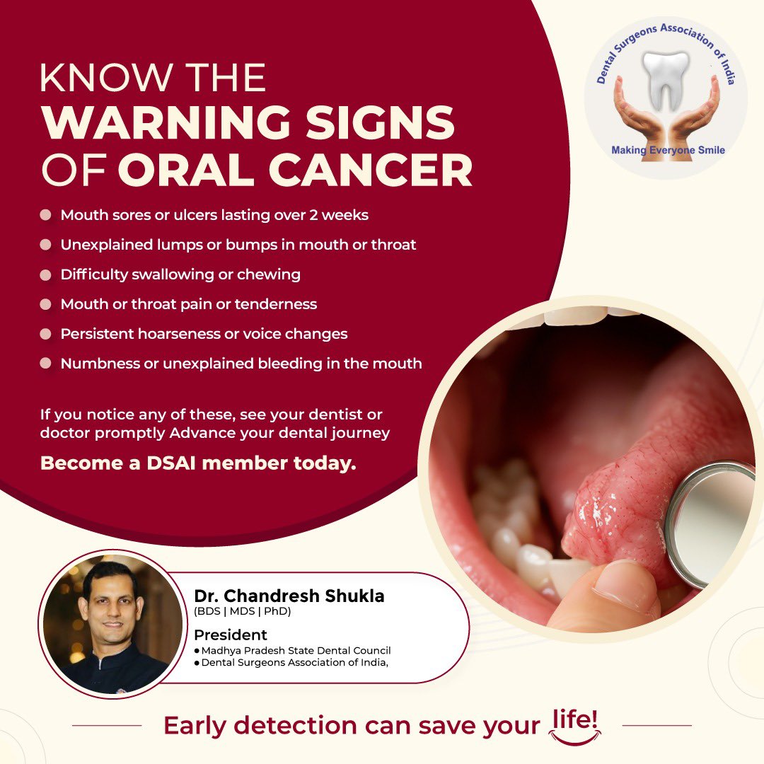 Chandresh1024's tweet photo. Early signs of oral cancer are often silent, but your awareness can speak volumes.
Knowing what to look out for can lead to early diagnosis and better outcomes.
#OralCancerAwareness #DSAI #DSWAI #EarlyDetectionSavesLives #OralHealthMatters #HealthyMouthHealthyLife https://t.co/fAIW4WCQCH