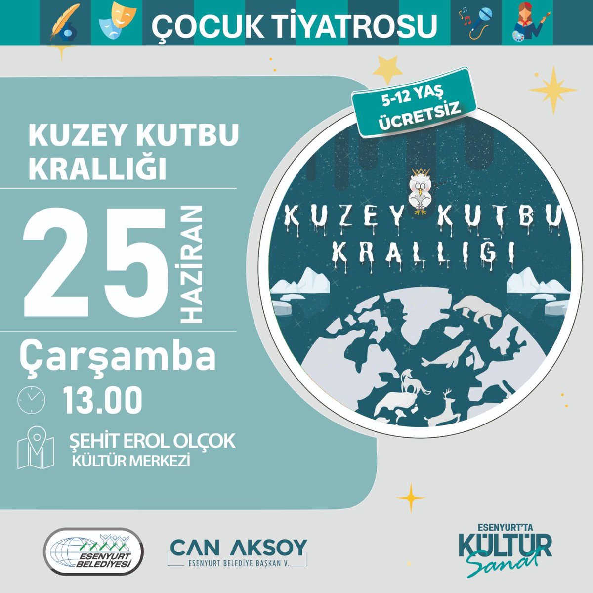 Kuzey Kutbu’na Yolculuk Başlıyor. 👦👧🎭

Eğlence ve macera dolu Kuzey Kutbu Krallığı çocuk tiyatrosuna minik izleyicilerimizi heyecanla bekliyoruz. ❄️👑

🗓️ 25 Haziran Çarşamba
🕐 13.00
📍 Şehit Erol Olçok Kültür Merkezi