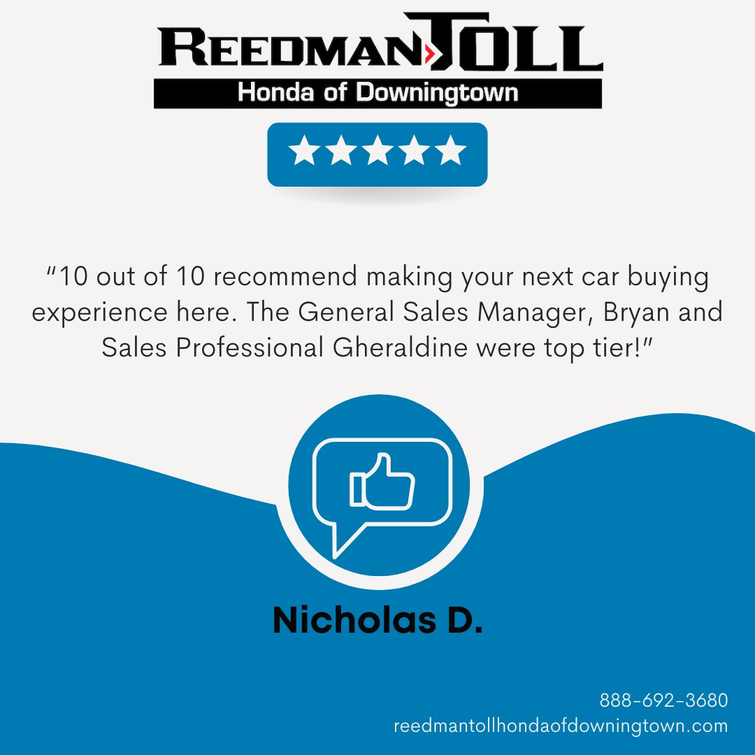 "10 out of 10 recommend making your next car buying experience here. The General Sales Manager, Bryan and Sales Professional Gheraldine were top tier!" We're happy to have you here at Reedman-Toll Honda! Visit us to find your next car! #ReedmanToll #Honda