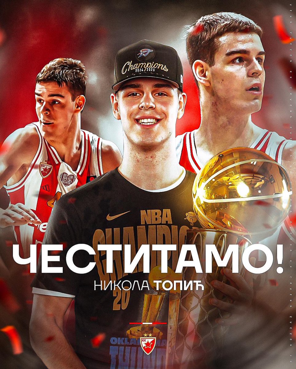 kkcrvenazvezda's tweet photo. Никола Топић је током протекле ноћи постао НБА шампион са Оклахомом! Тиме је стао раме уз раме са Пеђом Стојаковићем, Огњеном Кузмићем и Немањом Бјелицом – као још један играч који је током каријере носио дрес Црвене звезде и стигао до шампионског прстена у најјачој лиги света. 🔴⚪️

Никола, честитамо од срца! 🏆👏

#kkcz #WeAreTheTeam