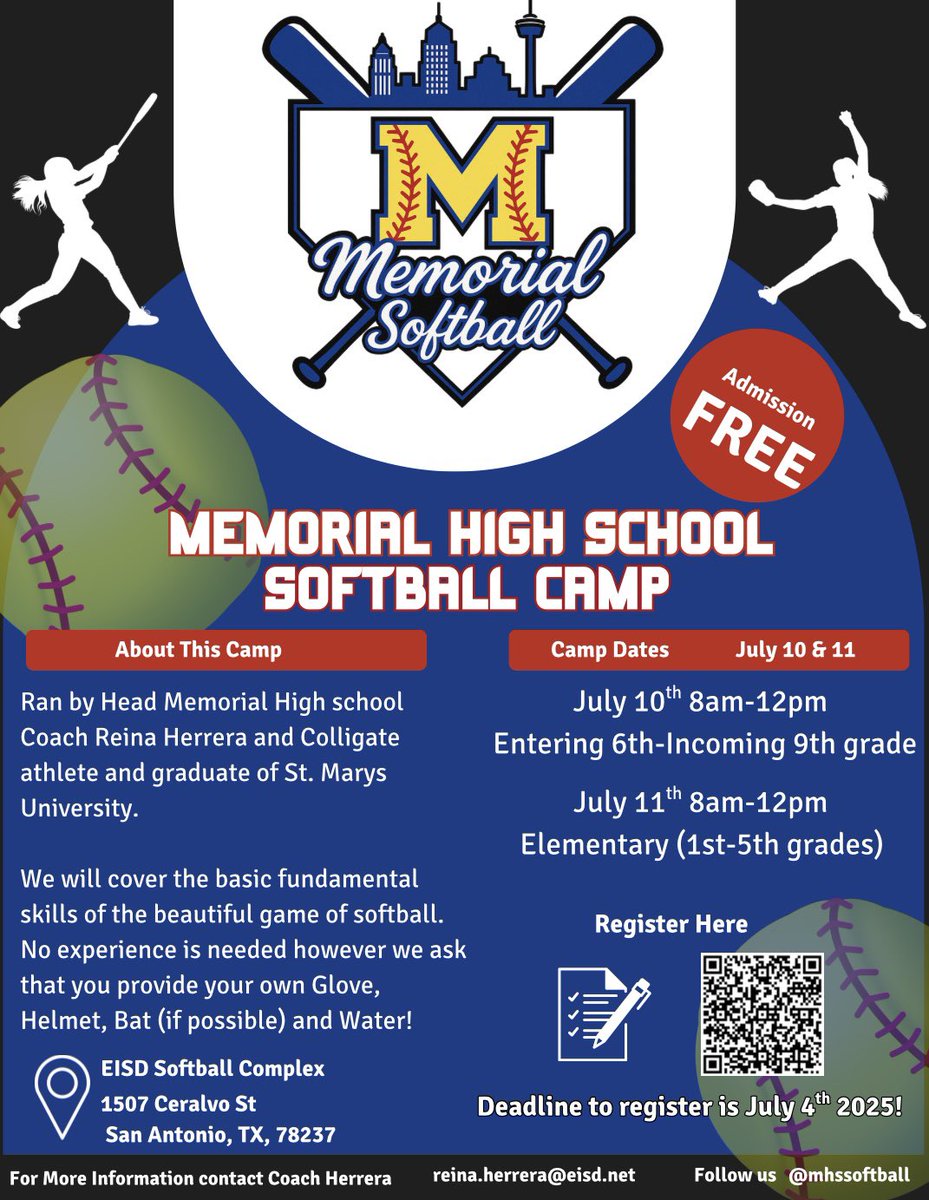 memorial_sb1227's tweet photo. ATTENTION🚨🚨🚨 
Please join us at our 1st softball camp hosted by Memorial High School!! 
Sign up now by using the QR code on the flyer and for any questions please contact Coach Herrera whose info is on the flyer!!! https://t.co/ylJzyl3DOL