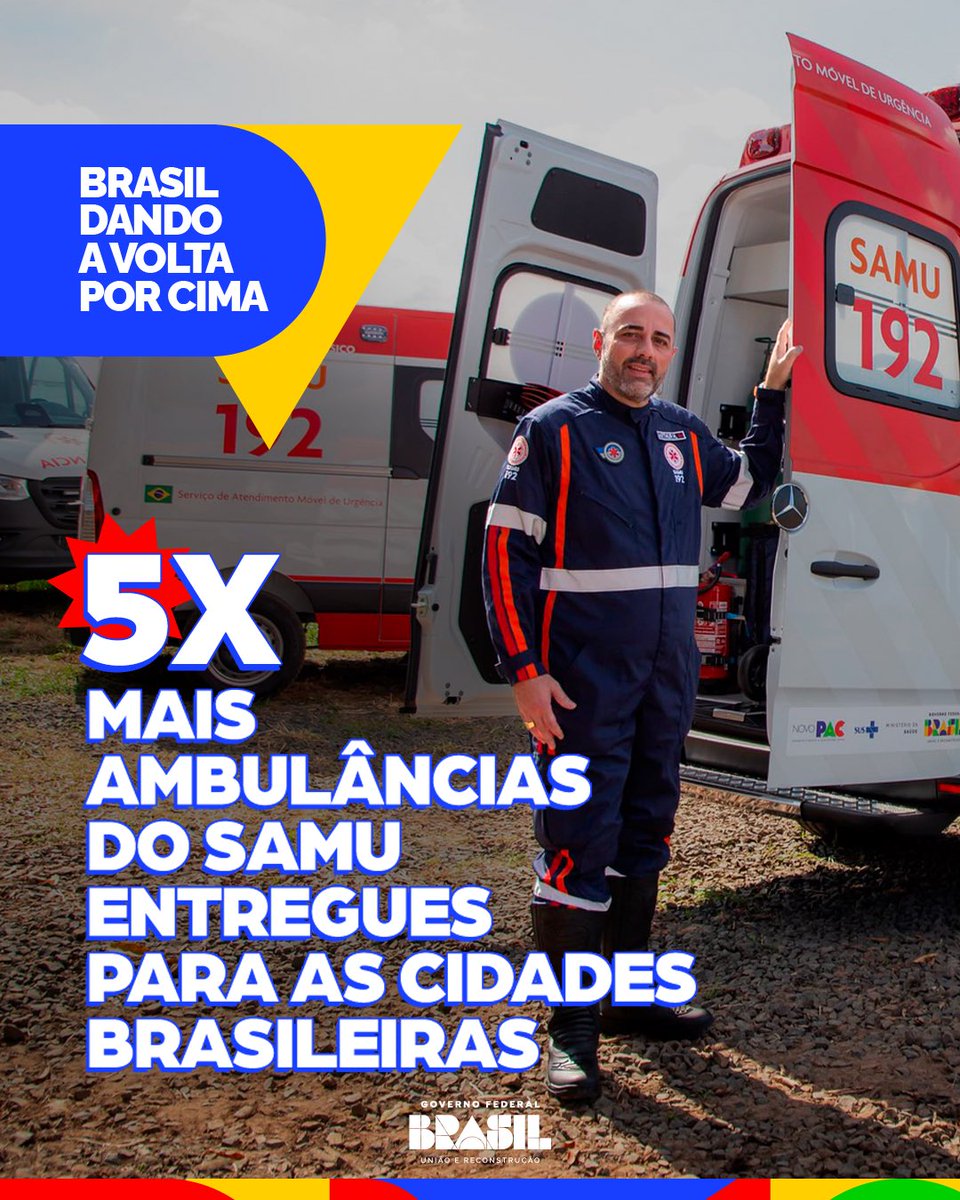 O Brasil está dando a volta por cima com mais cuidado e agilidade na saúde! O número de novas ambulâncias entregues ao SAMU cresceu 5 vezes. É atendimento de urgência acessível para cada vez mais gente. 🚑

via <a href="/minsaude/">Ministério da Saúde 🩵</a>