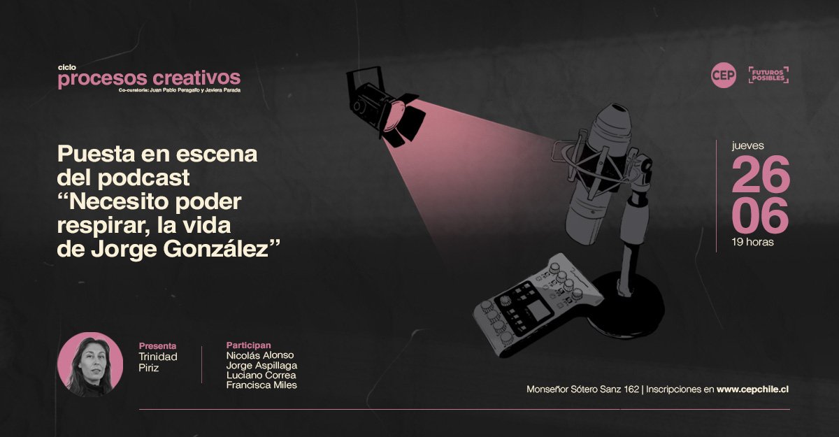 Nicolás Alonso (@nicolasalonso) on Twitter photo Este jueves a las 19.00 vamos a probar un show en vivo de Necesito poder respirar: La vida de Jorge González, que estamos creando con <a href="/trinidad_piriz/">Trinidad piriz</a>, <a href="/Antigona_404/">Luciano Correa</a>, <a href="/sans_jorge/">Jorge Andrés Aspillaga Rodríguez</a> y Fran Miles. La entrada es gratis, con inscripción: cepchile.cl/eventos/ciclo-… Este jueves a las 19.00 vamos a probar un show en vivo de Necesito poder respirar: La vida de Jorge González, que estamos creando con <a href="/trinidad_piriz/">Trinidad piriz</a>, <a href="/Antigona_404/">Luciano Correa</a>, <a href="/sans_jorge/">Jorge Andrés Aspillaga Rodríguez</a> y Fran Miles. La entrada es gratis, con inscripción: cepchile.cl/eventos/ciclo-…
