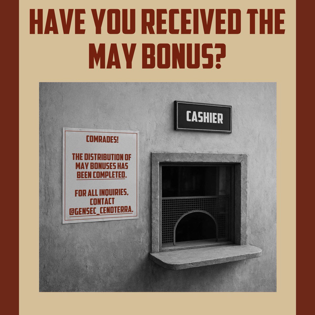 COMRADES!

IMPORTANT MESSAGE!

CenDTerra gived over 1000 PRIZES for total amount more then 18 000 USDT!

If you finded your name in list under post - URGENT CONTACT @GenSec_CenDTerra for get paymant!

In meanwhiles new SERIES BIG EVENT is preparing for start!
Wait official