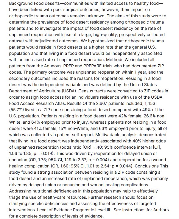 📚 Research Spotlight | Dr. Holly Pilson
We’re proud to highlight a new publication by our very own Dr. Holly Pilson:
“Impact of Living in a Food Desert on Complications After Fracture Surgery.”
The study found that orthopaedic trauma patients living in food deserts—areas with