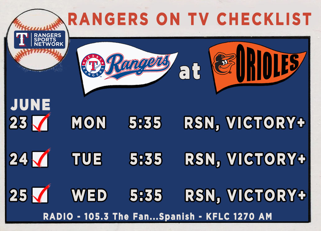 Rangers TV Schedule for the 3-game series at Baltimore.