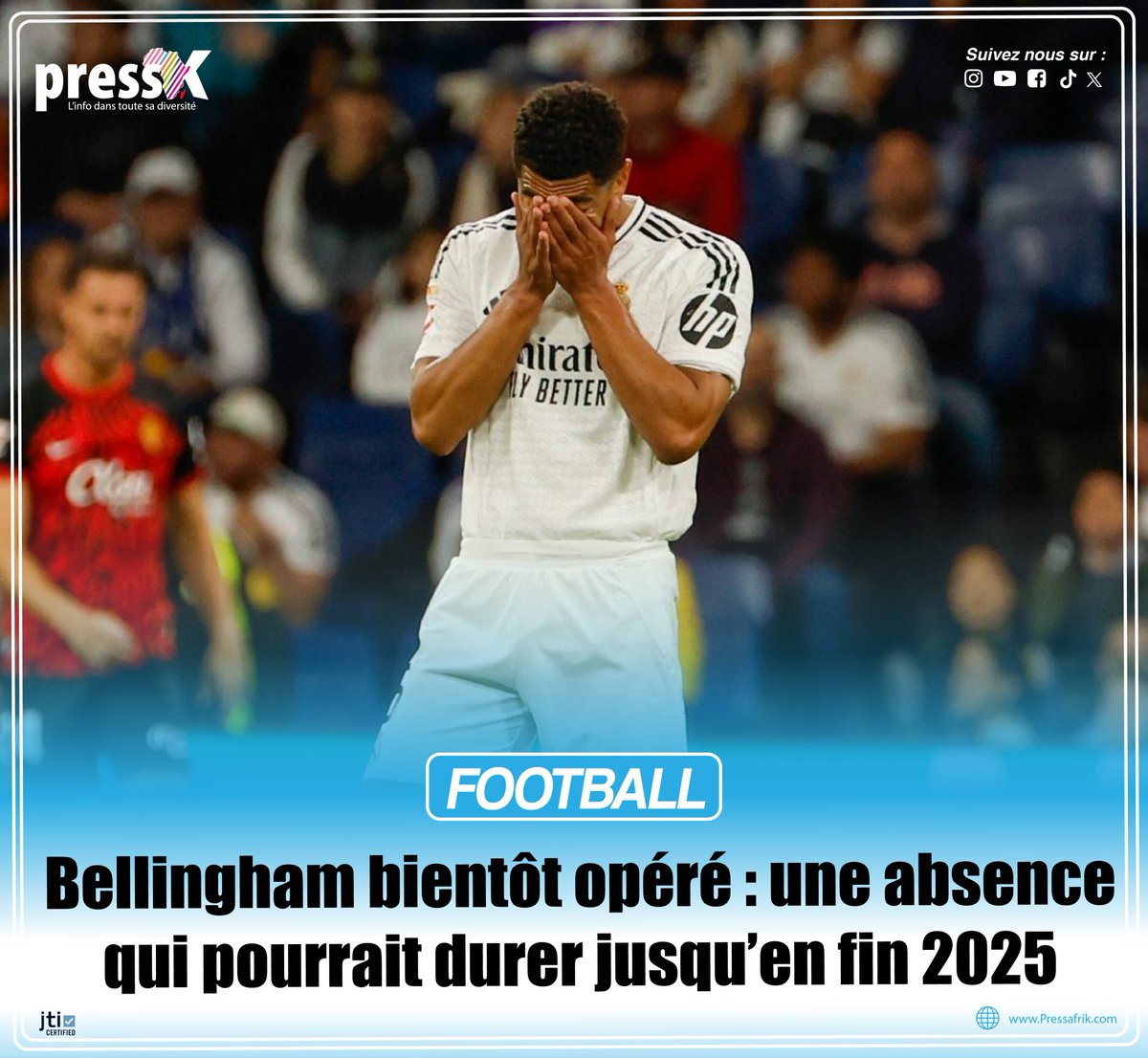 Touché à l’épaule depuis bientôt un an et demi, Jude Bellingham va finalement passer par la case opération dans les prochaines semaines...pressafrik.com/Bellingham-bie… #RealMadrid  #Bellingham