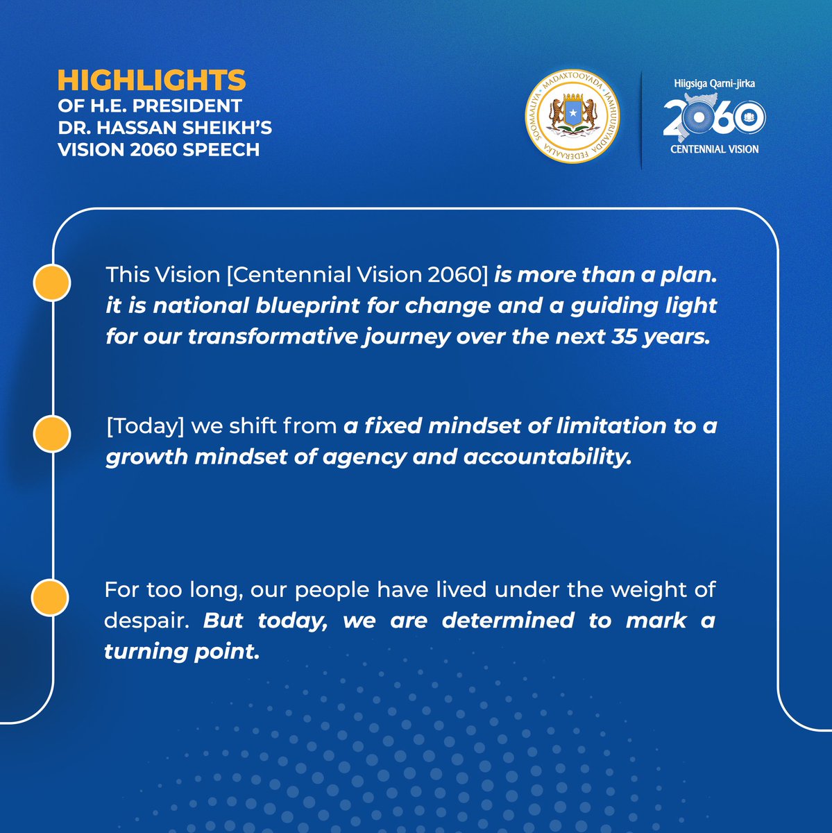 Highlights of President Hasan Sheikh Mohamud’s speech at the official launch of the Centennial Vision 2060.