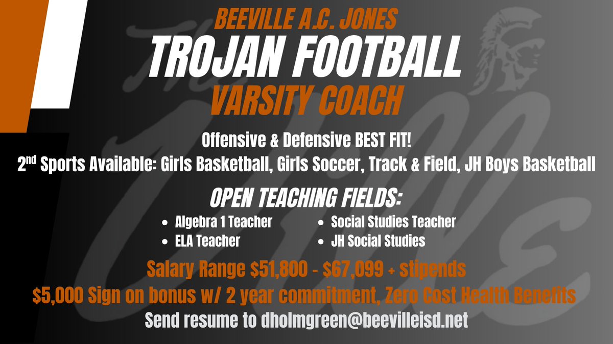 Dave Holmgreen (@coachholmg) on Twitter photo Come join “The Ville”!
Beeville Trojans are looking for great energetic coaches and kid magnets!
Best possible fit on the offensive and defensive side of the ball!
Great pay and even better kids!
<a href="/Matt_Stepp817/">Matt Stepp</a> <a href="/padillapoll/">Carl Padilla</a> <a href="/THSCAcoaches/">THSCA</a> Come join “The Ville”!
Beeville Trojans are looking for great energetic coaches and kid magnets!
Best possible fit on the offensive and defensive side of the ball!
Great pay and even better kids!
<a href="/Matt_Stepp817/">Matt Stepp</a> <a href="/padillapoll/">Carl Padilla</a> <a href="/THSCAcoaches/">THSCA</a>