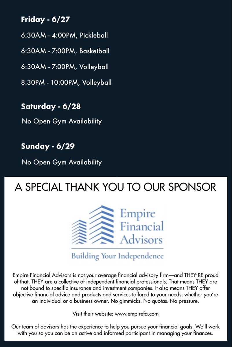 Good Morning! Here is this week’s Open Gym Schedule June 23 — June 29. Let’s make this a great week! ☀️ 

A special thank you to our sponsor to Empire Financial Advisor for their support 🙌

#opengym #halfmoon #monday #ImpactAthleticCenter