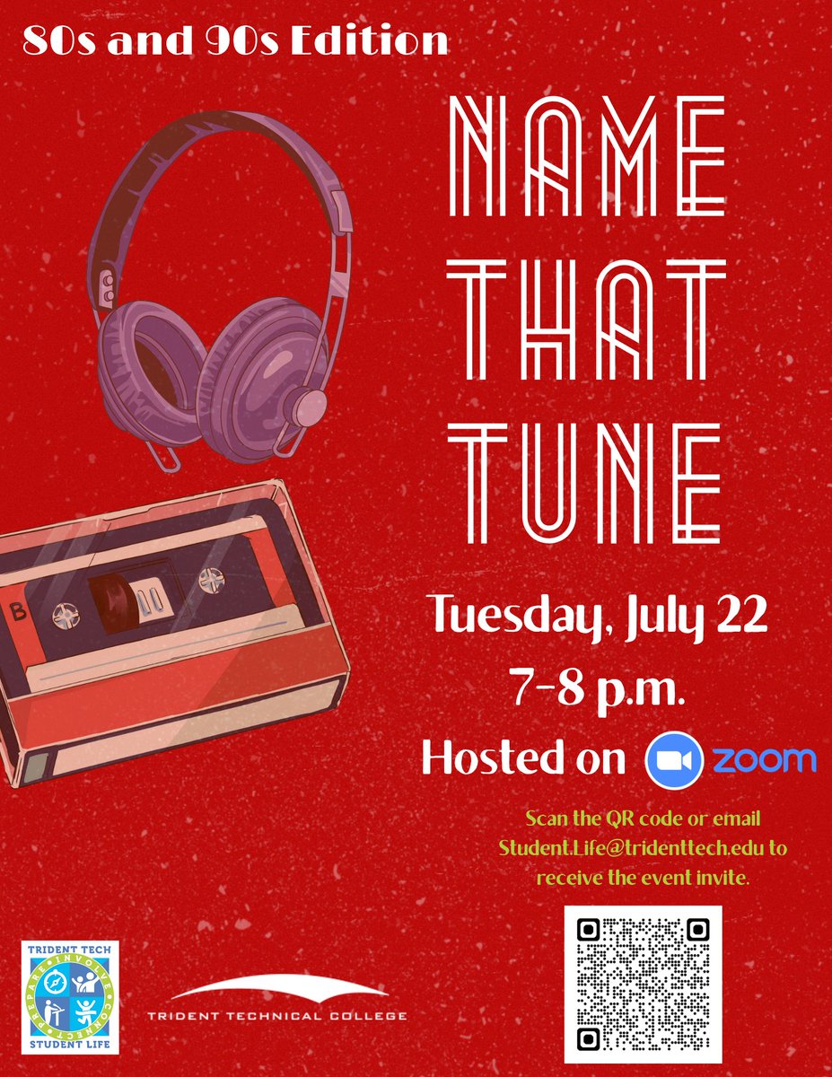 🎶 Think you know your 80s &amp; 90s hits?
Join our virtual Name That Tune night on Zoom!
📧 Email Student.Life@tridenttech.edu or scan the QR code to get your invite.
#NameThatTune #TTCStudentLife #ThrowbackVibes