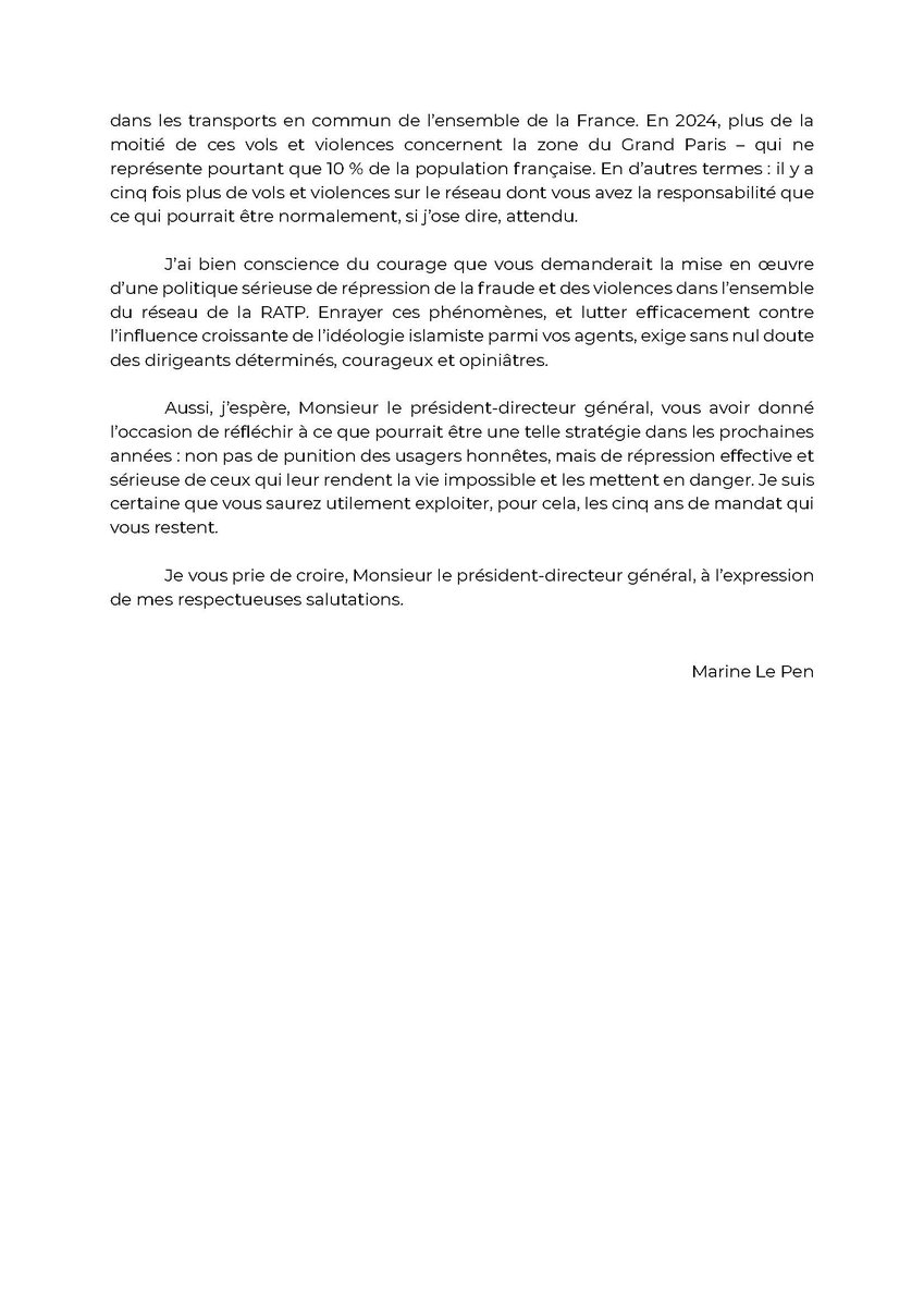 Marine Le Pen (@mlp_officiel) on Twitter photo Non pas punir les usagers honnêtes, mais mettre en œuvre une répression effective de ceux qui leur rendent la vie impossible et les mettent en danger.
Mon courrier à <a href="/JeanCASTEX/">Jean Castex</a> suite aux témoignages relatant les dérives de la politique de verbalisation de la RATP ⤵️ Non pas punir les usagers honnêtes, mais mettre en œuvre une répression effective de ceux qui leur rendent la vie impossible et les mettent en danger.
Mon courrier à <a href="/JeanCASTEX/">Jean Castex</a> suite aux témoignages relatant les dérives de la politique de verbalisation de la RATP ⤵️