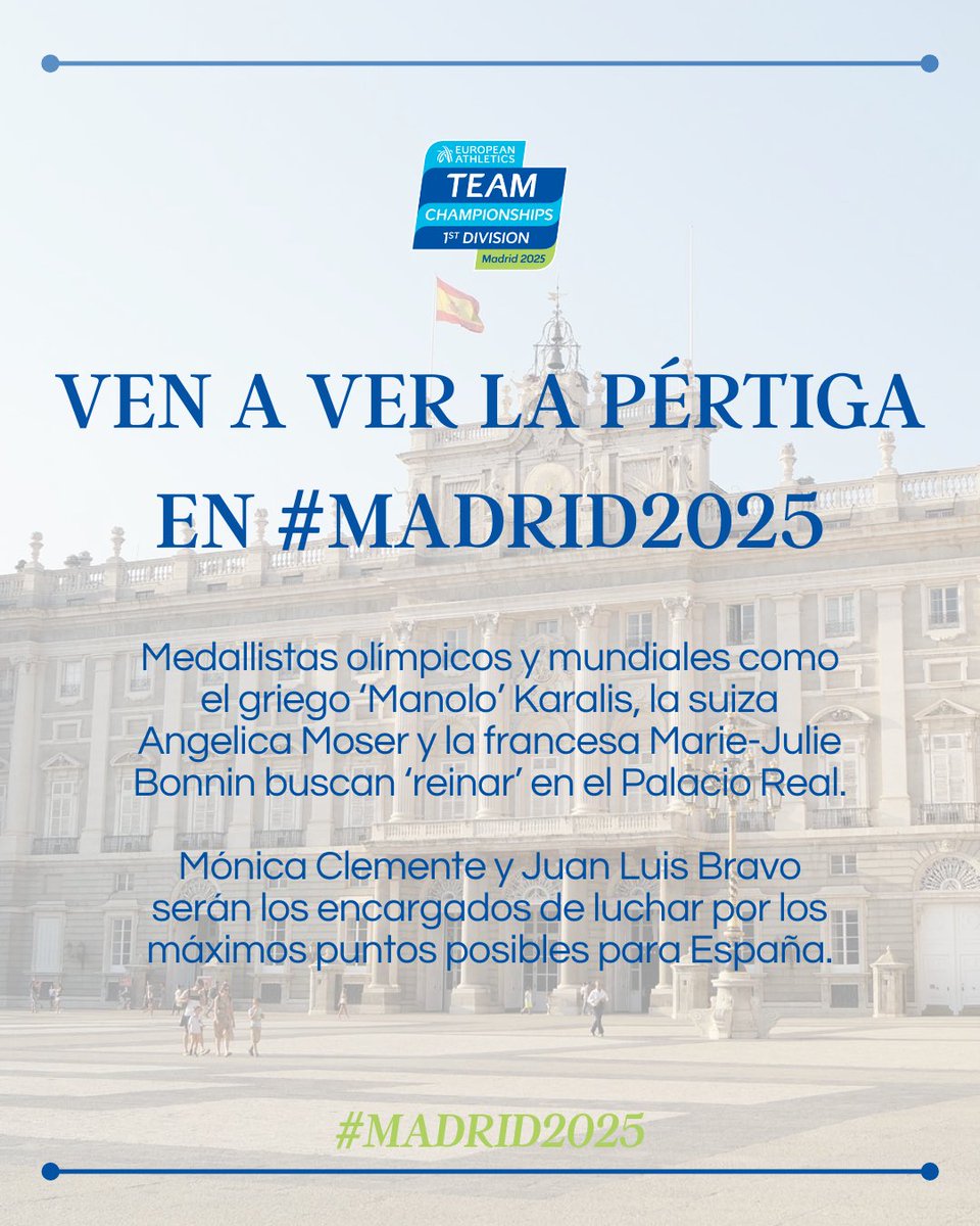 madridetch2025's tweet photo. VEN A VER LA PÉRTIGA MÁS ESPECTACULAR EN #Madrid2025 😍

Este jueves, a partir de las 16:00h, el Palacio Real de Madrid se convertirá en el escenario de los concursos de pértiga del #ETCH2025

👏🏻 Entrada gratuita hasta completar aforo

Toda la info ℹ️ https://t.co/wZs0eYN6Ck https://t.co/3SmfSYBHne