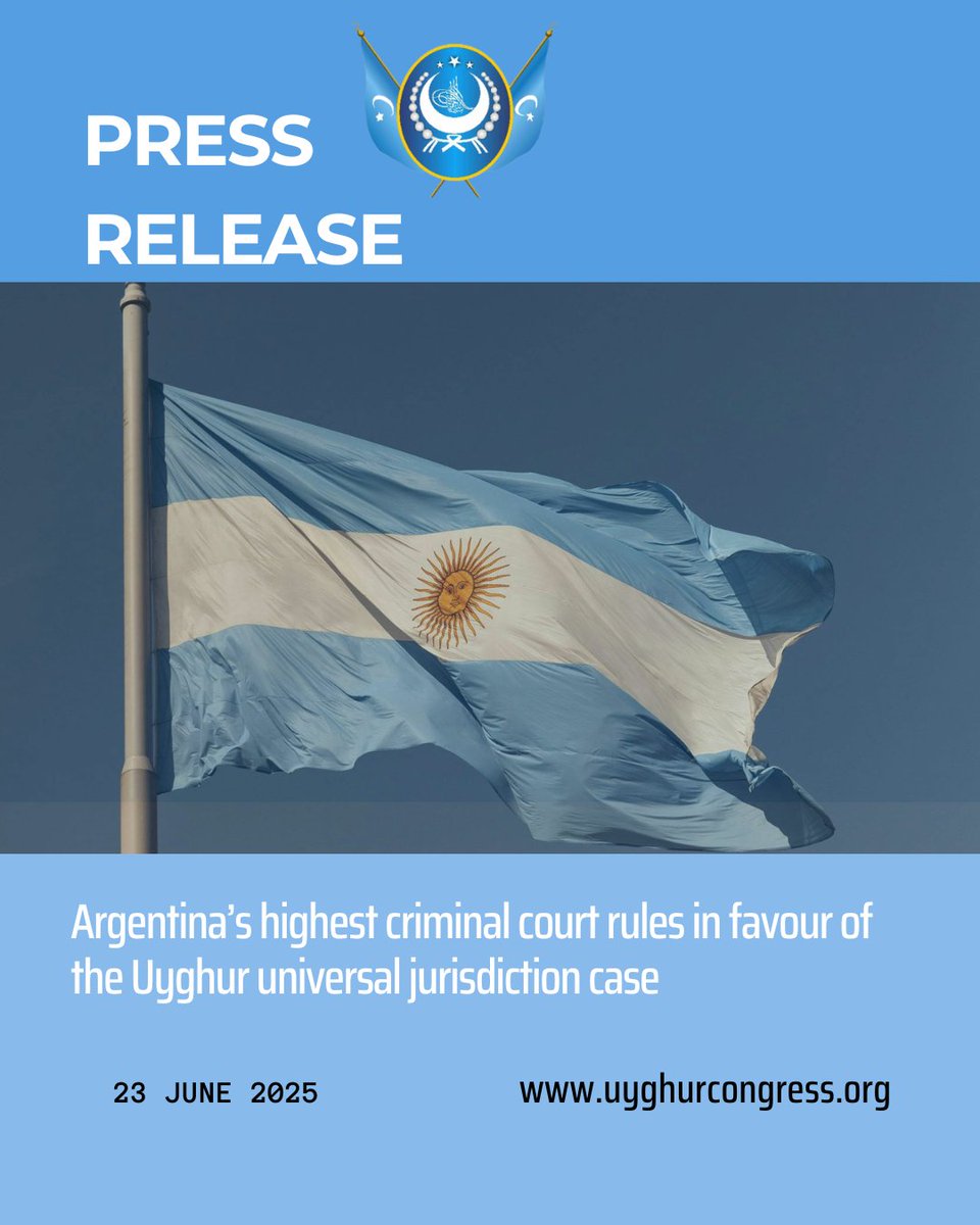 World Uyghur Congress (@uyghurcongress) on Twitter photo 📢PRESS RELEASE 📢
Last week, Argentina's highest criminal court, the Federal Court of Criminal Cassation ruled in favour of the universal jurisdiction case brought by the <a href="/UyghurCongress/">World Uyghur Congress</a>, <a href="/UyghurProject/">Uyghur Human Rights Project</a> & <a href="/LFUR_UK/">Lawyers for Uyghur Rights</a> for crimes against humanity and genocide. 📢PRESS RELEASE 📢
Last week, Argentina's highest criminal court, the Federal Court of Criminal Cassation ruled in favour of the universal jurisdiction case brought by the <a href="/UyghurCongress/">World Uyghur Congress</a>, <a href="/UyghurProject/">Uyghur Human Rights Project</a> & <a href="/LFUR_UK/">Lawyers for Uyghur Rights</a> for crimes against humanity and genocide.