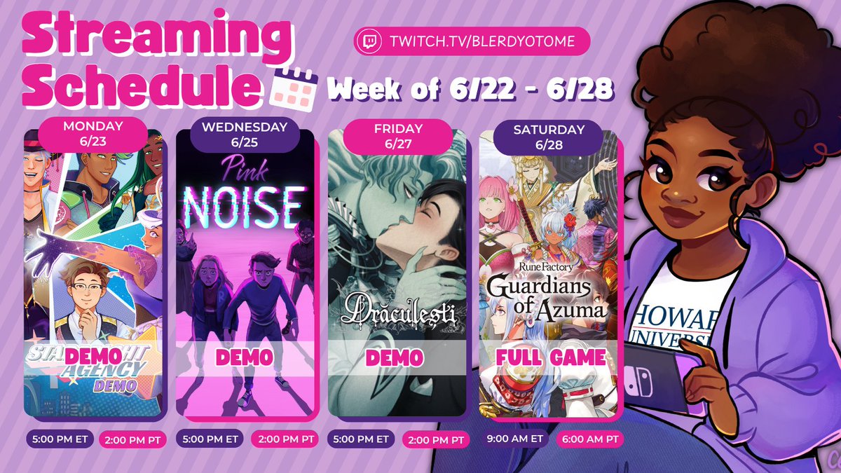 BlerdyOtome's tweet photo. A new week, a new streaming schedule!! Got a fun lineup for the week of June 22-28!

🌟Starbright Agency @TBreadGames 
🌟Pink Noise @SomberGamesSt 
🌟Draculesti @fine_fiends 
🌟Rune Factory Guardians of Azuma https://t.co/rh9JAAgLUz