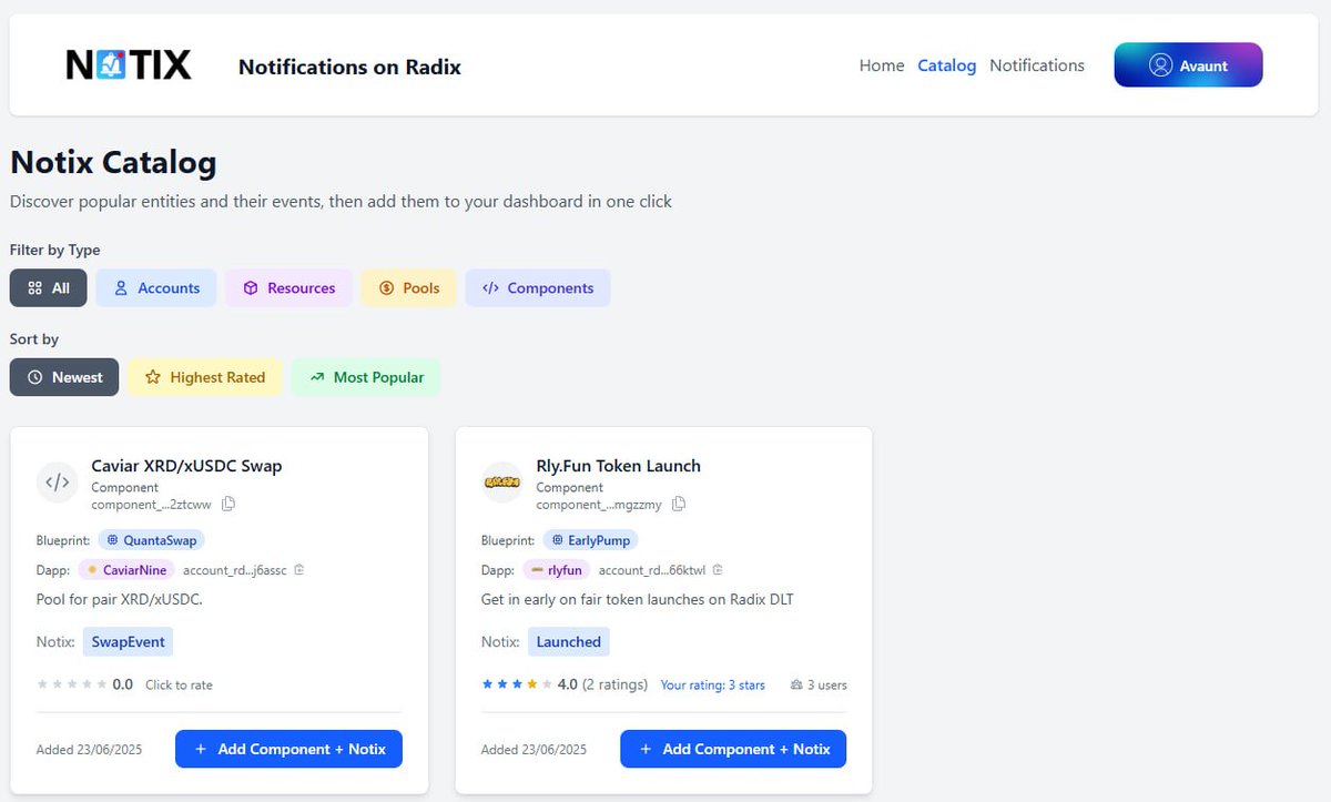 NotixOnRadix's tweet image. 📣New Catalog Feature added to Notix📣
I've added a new catalog feature to Notix that allows you in one-click to add a popular account, resource, pool or component and any popular notix that goes with it. eg. Token Launches on rly.fun.