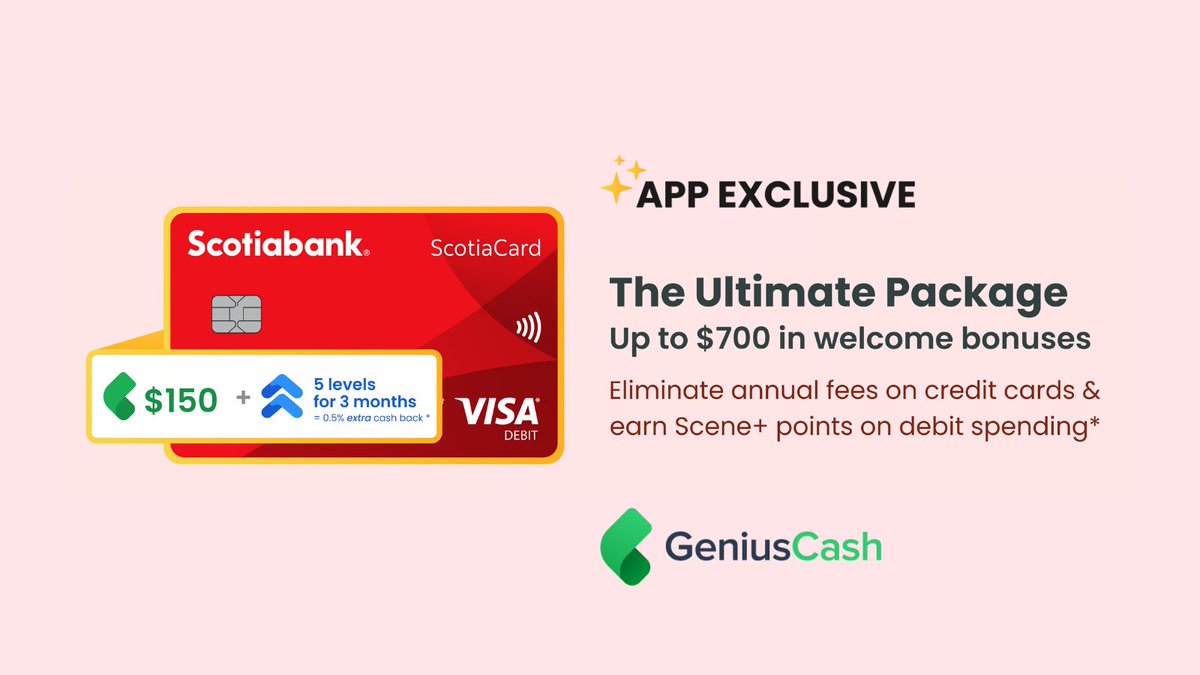 We’ve teamed up with @Scotiabank to bring GeniusCash app users something BIG:
✨ $150 GeniusCash
🏅 5 Max levels = 0.5% extra cash back
🎁 $500 Scotiabank welcome bonus
💳 $150 credit card fee waiver
🎬 Scene+ points on debit
Download the app to claim👉 app.geniuscash.com/offers/scotiab…