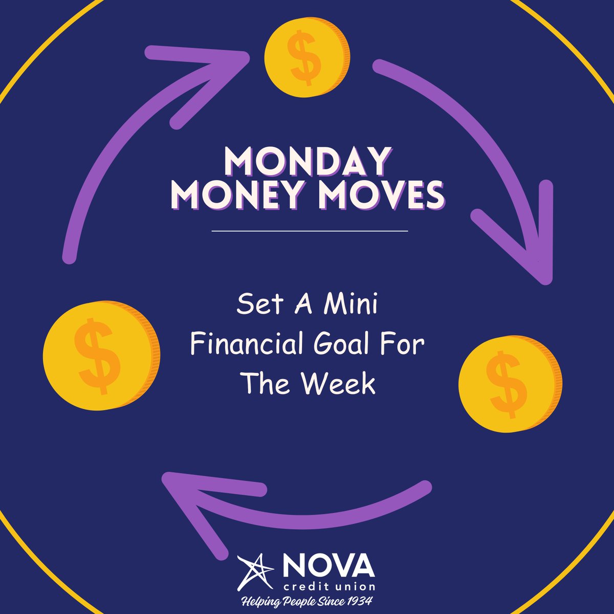 NovaCU_NC's tweet photo. It's time for a Monday Money Move: set a mini financial goal for the week.
Think something doable, like bringing lunch from home three times or putting $10 into savings. Small wins build powerful habits. #MondayMoneyMoves #NovaCares #MiniGoals https://t.co/e6jgpNX7Tu