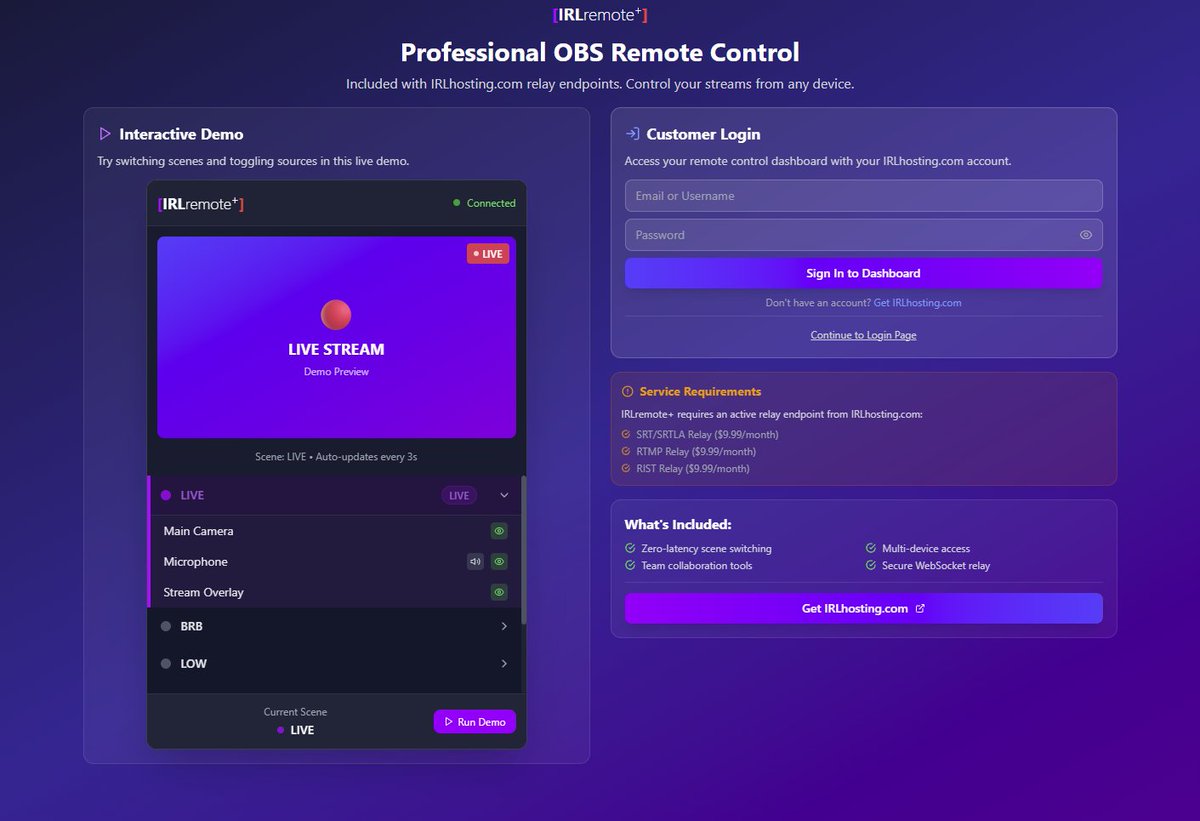 🚀 Launching IRLremote+ - Professional OBS remote control dashboard!

✨ Zero-latency scene switching from any device
📱 Live preview &amp; team collaboration 
🎥 Stream key management (Twitch/Kick/YouTube)
☁️ Cloud OBS integration (coming soon)

FREE with IRLhosting.com