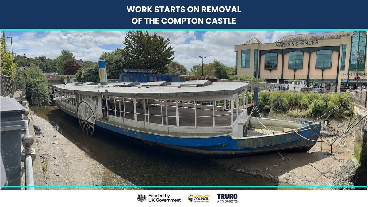 🚧 Work starts this week to remove the derelict Compton Castle from Lemon Quay 🛥️

It’s the first step in transforming Truro’s waterfront as part of the £23.6m #TruroTownDeal 💼🌿

A cleaner, greener, more connected city is on the way.

trurotownfund.com/2025/06/23/wor…