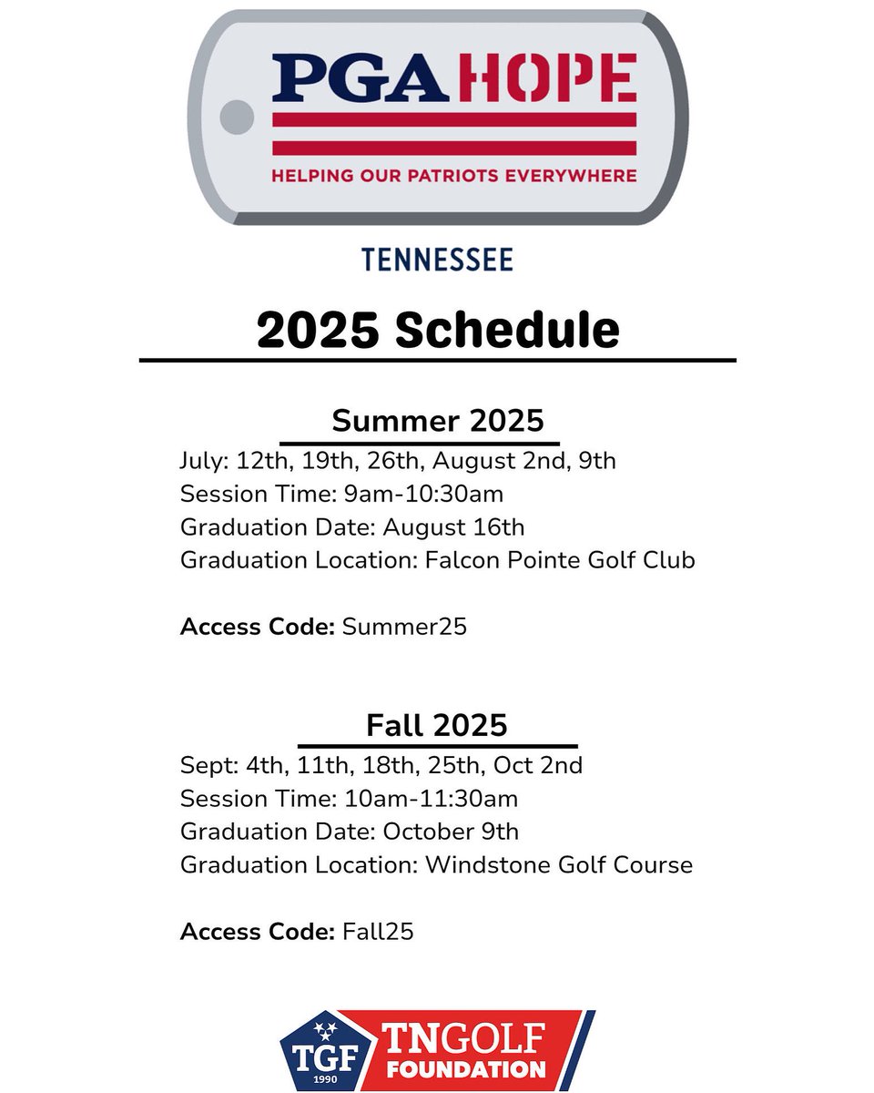 ChattanoogaGolf's tweet image. 5 spots remaining in our Summer Session for PGA Hope. Sign up now through the link down below. If you have any questions please DM us. 🇺🇸
tgfchattanooga.org/play-golf/pga-…