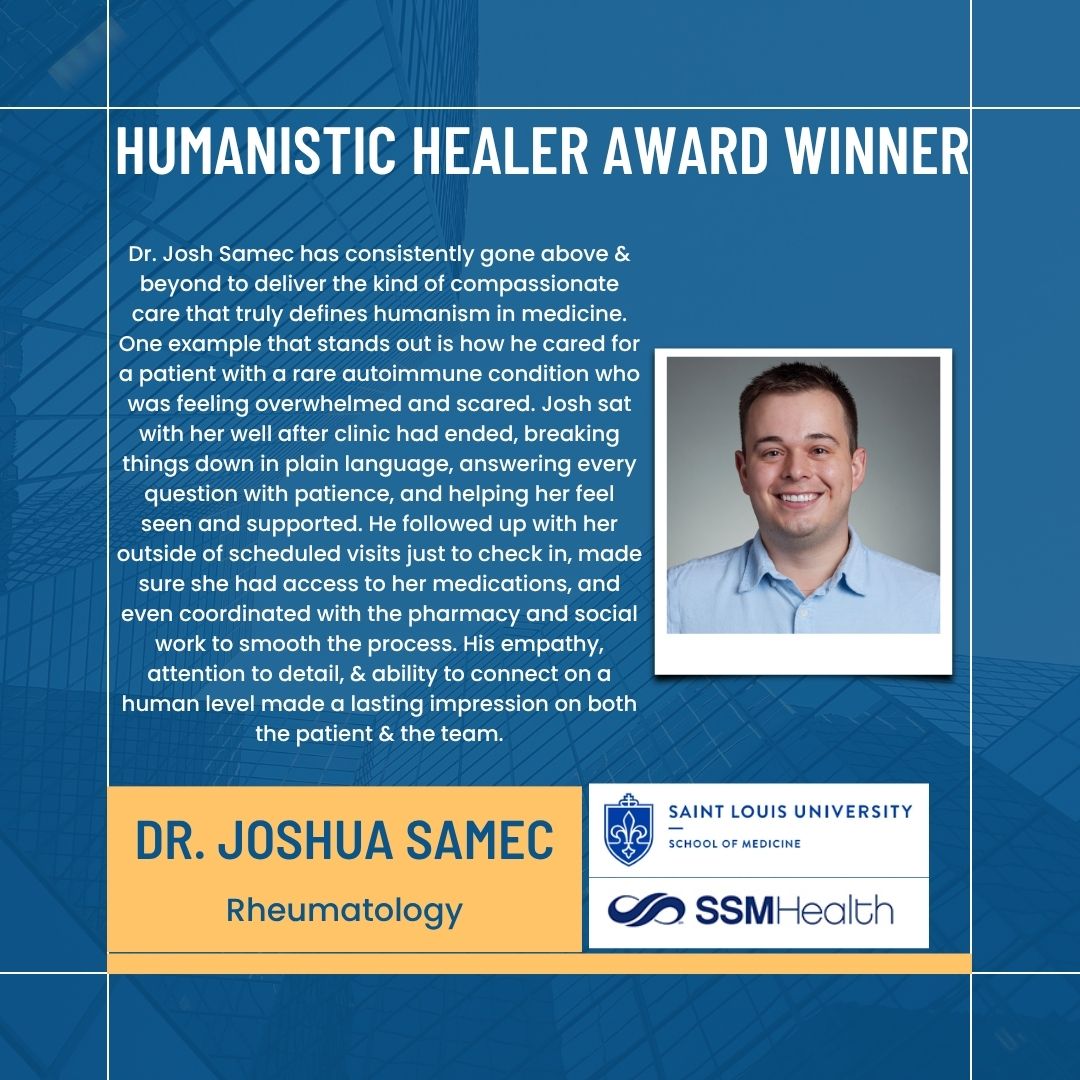 SLU Graduate Medical Education (@slu_gme) on Twitter photo Each quarter we recognize residents & fellows that deliver exceptional, humanistic, and patient-centered care. Congrats to our most recent Humanistic Healer award winner, Dr. Joshua Samec! 🎉
<a href="/slurheum/">Saint Louis Rheumatology</a> Each quarter we recognize residents & fellows that deliver exceptional, humanistic, and patient-centered care. Congrats to our most recent Humanistic Healer award winner, Dr. Joshua Samec! 🎉
<a href="/slurheum/">Saint Louis Rheumatology</a>