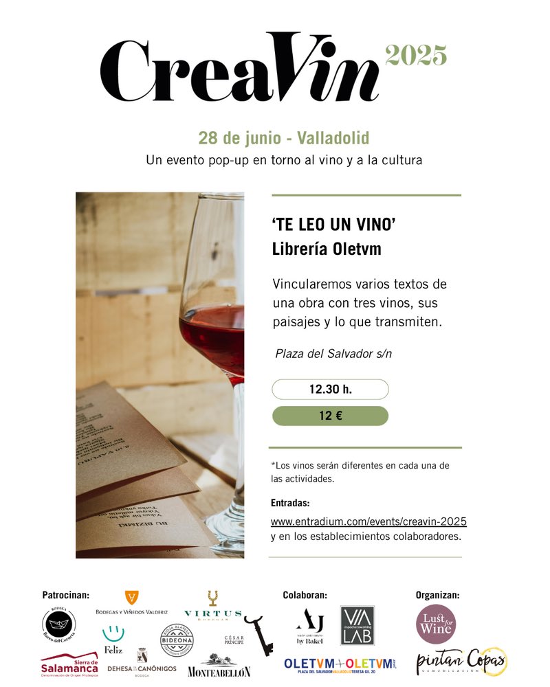 Oletvm's tweet image. Este sábado TE LEO UN VINO EN OLETVM 📖🍷
#Creavin2025
Un evento pop-up en torno al vino y la cultura.
🎟️ Tickets ya disponibles en Oletvm y también en @entradium_com
¡Aforo limitado a 40 personas!
Evento ideado y organizado por: @lustforwine_es y @pintancopascom