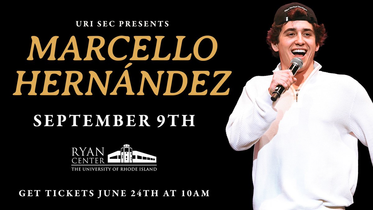 🚨 <a href="/URISEC/">URI SEC</a> JUST ANNOUNCED: @MarcelloHernan is coming to the Ryan Center on Sept 9! 🎤

Catch the SNL star live for a night of unforgettable comedy.

🎟️ Tickets on sale Tues, June 24 at 10AM!
uritix.evenue.net/events/MARCELL…

#MarcelloHernández #SNL #StandUp