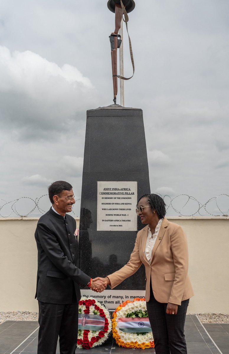 SpokespersonMoD's tweet image. Raksha Rajya Mantri Shri @SethSanjayMP and Kenya’s Defence Cabinet Secretary Ms Roselinda Soipan Tuya unveiled the India-Africa Commemorative Pillar at Mile 27, Taita Taveta County, honouring Indian &amp;amp; African #WorldWarI soldiers. A symbol of shared sacrifice &amp;amp; deepening defence