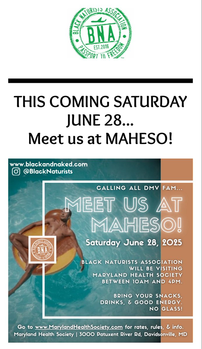 If you’re in the Maryland Area — join the Black Naturist Association for a day of fun in the sun amongst friends. 

Contact them through their Instagram for more information.

instagram.com/blacknaturists…