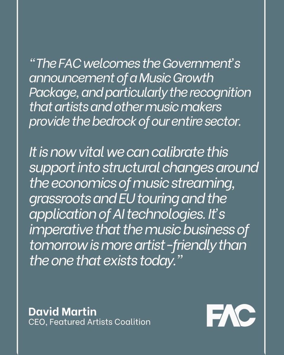 The FAC welcomes the focus on music in the Creative Industries Sector Plan. Our high growth sector has made the UK a cultural giant. It is artists that are the engine room of our music industry…