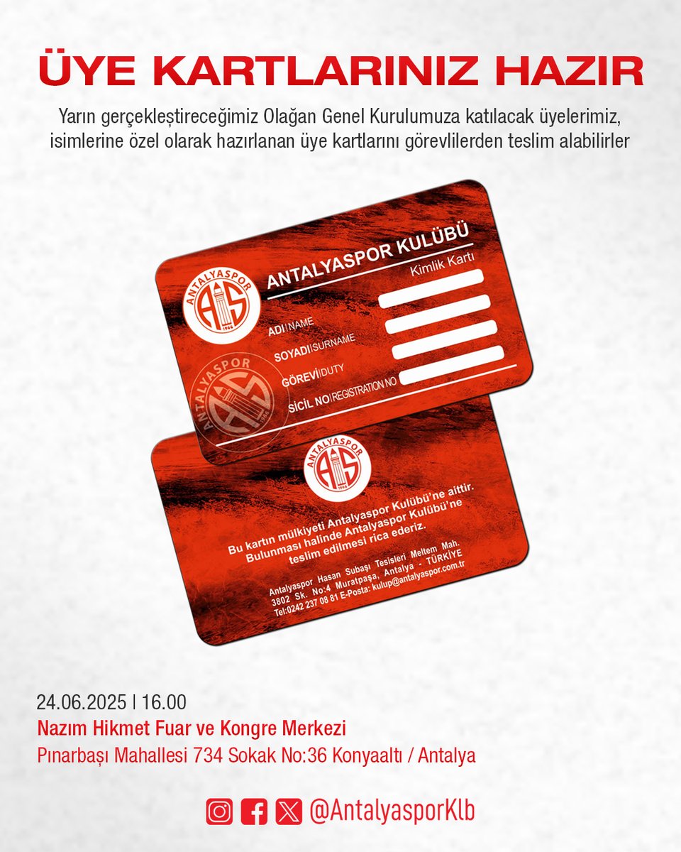 📢 Üye Kartlarınız Hazır!

🪪 Yarın gerçekleştireceğimiz Olağan Genel Kurulumuza katılacak üyelerimiz, isimlerine özel olarak hazırlanan üye kartlarını görevlilerden teslim alabilirler.

🗓️ 24.06.2025
⏰ 16.00
📍 Nazım Hikmet Fuar ve Kongre Merkezi
🗺️ Pınarbaşı Mahallesi 734