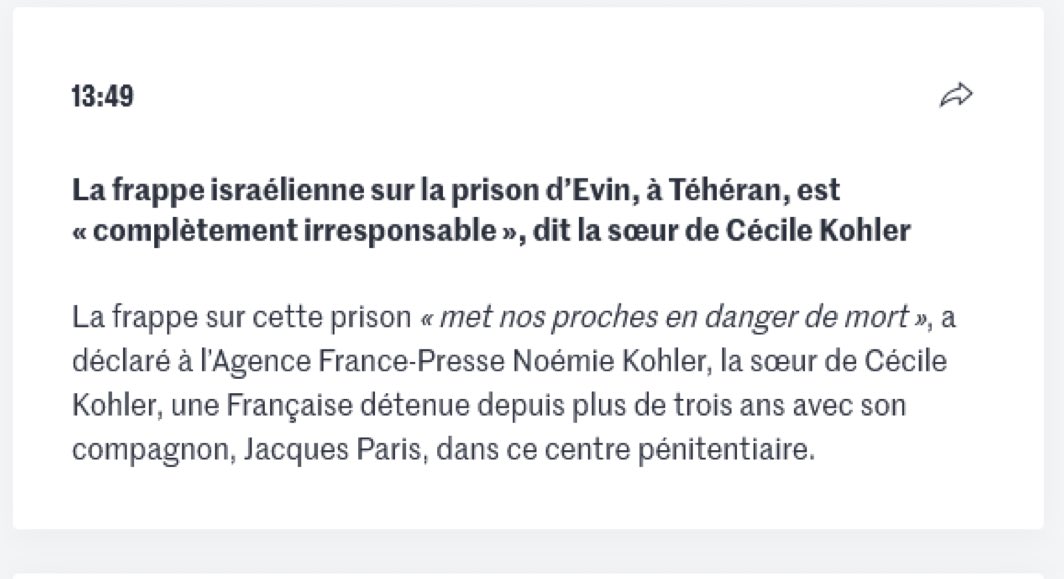 À celles et ceux qui répétaient sur les plateaux la propagande selon laquelle les frappes israéliennes sur l’Iran devaient aider nos compatriotes français détenus en Iran.