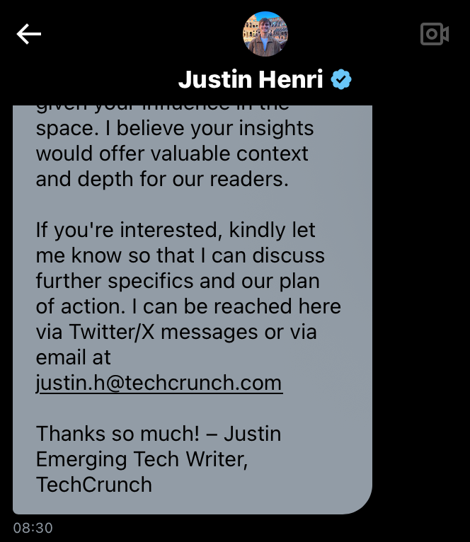 notpeter's tweet photo. Here's the DM we got to @zeddotdev claiming to be someone from @TechCrunch. The user's profile (since deleted) had a a bunch of TechCrunch retweets and ~1000 followers. https://t.co/ABVe1MrC5x