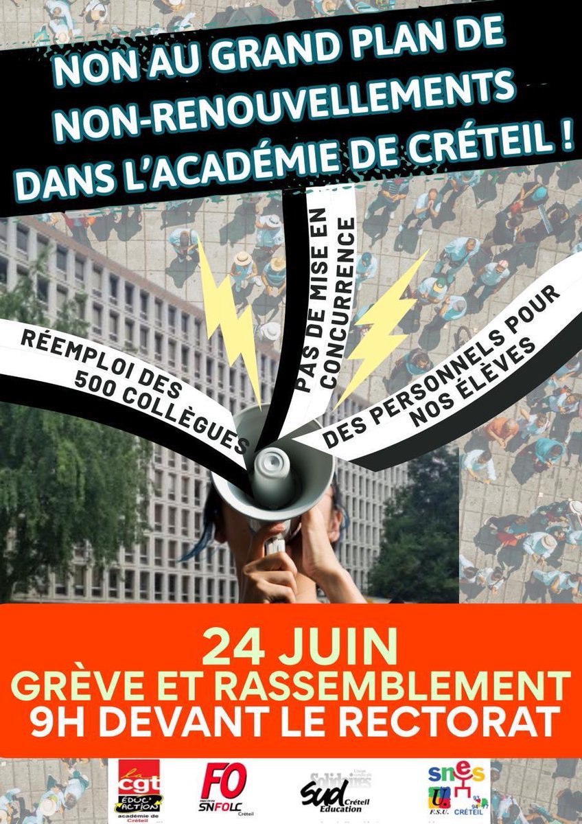 500 contractuels non renouvelés dans l’académie de Créteil. Un plan social qui ne dit pas son nom, alors que partout des enseignant-es manquent. Un affront contre le service d’éducation et les contractuels sans qui il ne peut fonctionner INACCEPTABLE💥
Tou-tes en grève ce 24.06 !