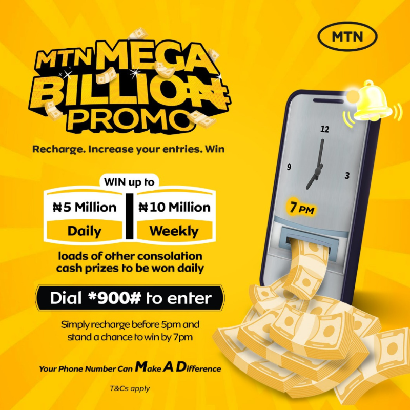 MTNNG's tweet photo. No more waiting. Y’ello O’clock is here!
This means your daily airtime recharges could make you a millionaire - EVERYDAY!

The more your recharges, the better the chances of getting up to 5 million daily or 10 million weekly. 

MTNMegaBillionPromo