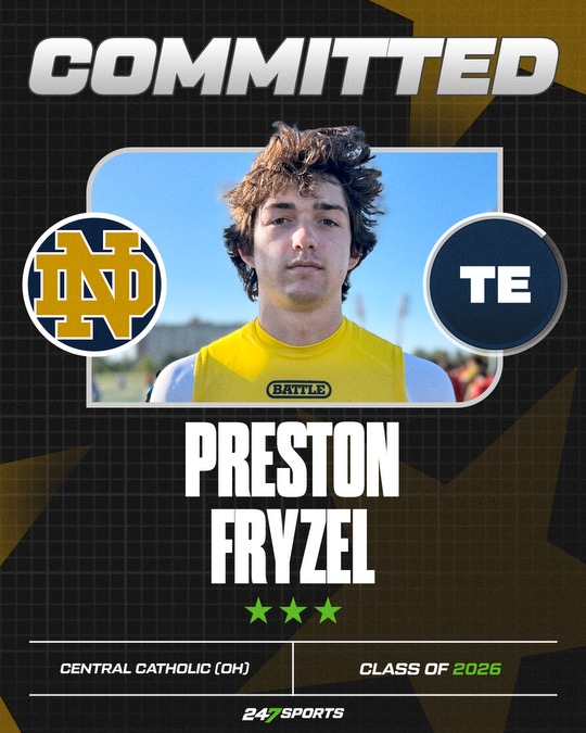 Tom Loy (@tomloy247) on Twitter photo BREAKING: Notre Dame land commitment No. 20 with 2026 tight end Preston Fryzel.
Story via <a href="/ethoma10/">Eric Thomas</a>: 247sports.com/college/notre-…
<a href="/247Sports/">247Sports</a> / <a href="/irishillustratd/">Irish Illustrated</a> / <a href="/AllenTrieu/">Allen Trieu</a> BREAKING: Notre Dame land commitment No. 20 with 2026 tight end Preston Fryzel.
Story via <a href="/ethoma10/">Eric Thomas</a>: 247sports.com/college/notre-…
<a href="/247Sports/">247Sports</a> / <a href="/irishillustratd/">Irish Illustrated</a> / <a href="/AllenTrieu/">Allen Trieu</a>